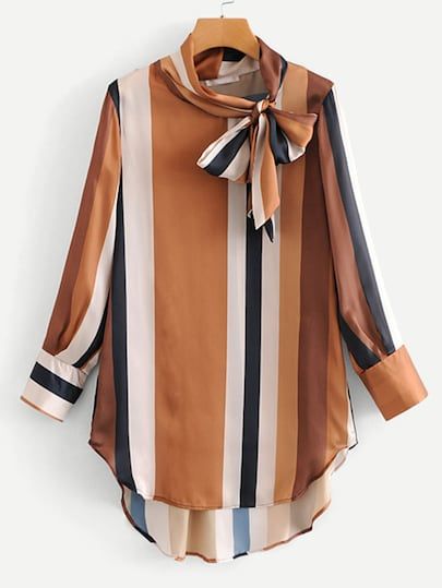 Rust & Neutral Striped Bow-Tie Satin Blouse