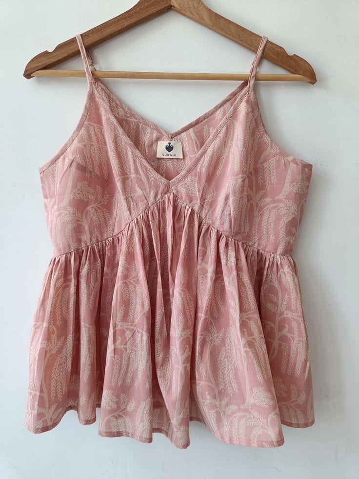 Blush Pink Hand-Printed Flared Cami Top