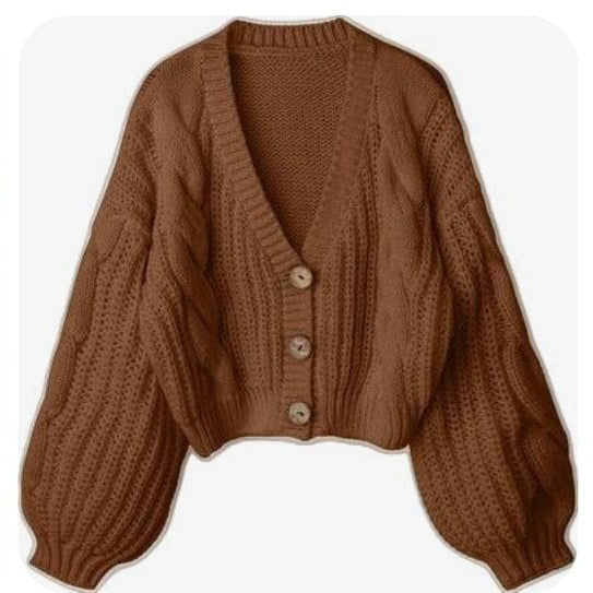 Cocoa Cable-Knit Balloon Sleeve Cardigan