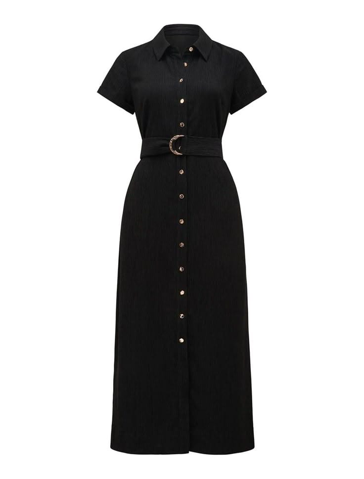 Classic Black Button-Down Belted Midi Dress