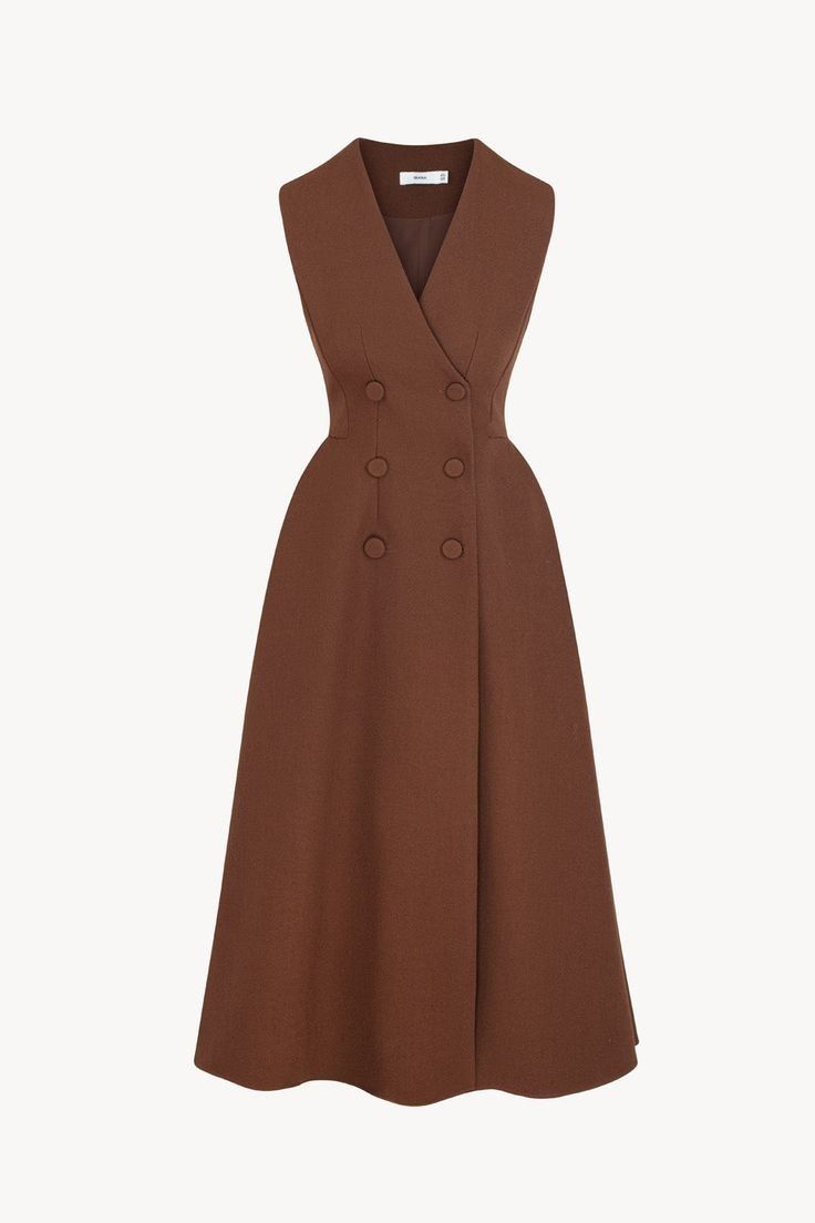 Mocha Brown Double-Breasted Sleeveless Midi Dress